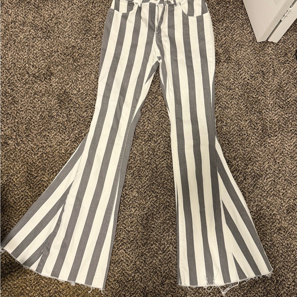Gray and White Striped Flare Wide Leg Jeans